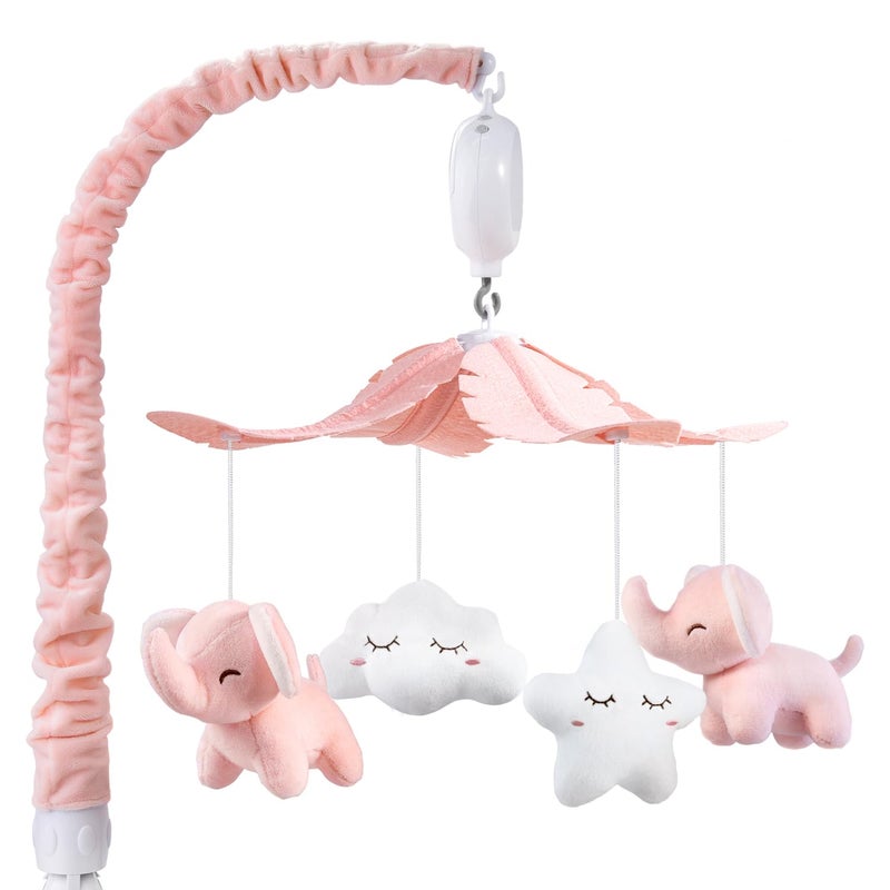 FEISIKE Crib Mobile for Girls Baby Mobiles with 3 Modes Digital Music Box（Turn Only, Music Only, Turn & Music, 35 Lullabies, Pink Elephant Nursery Mobile, Clamp Type, Pretty Box Packaging - Image 1